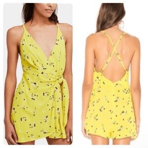 Free People Tango At Night Electric Yellow Floral Wrap Romper size 0/XS